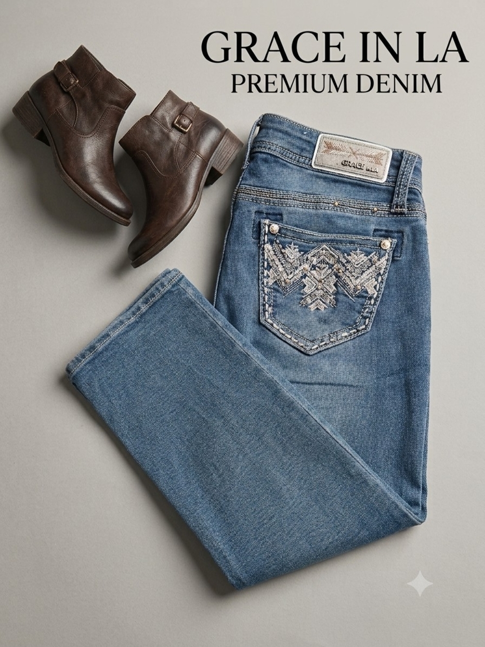 Grace in LA Light Blue Straight Leg Jeans with Embroidered Pocket